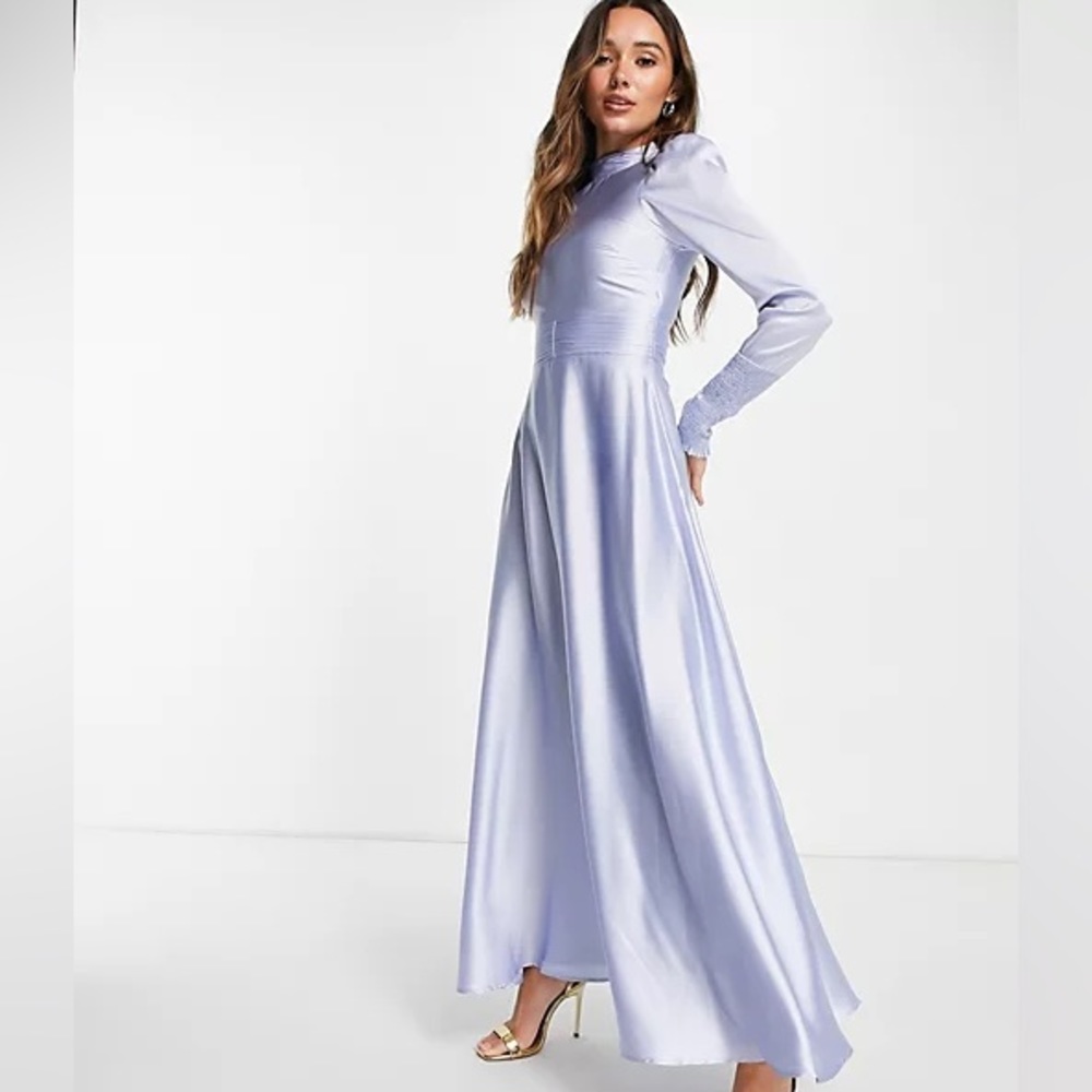 ASOS long sleeve satin maxi tea dress with gathered waist and shirred cuffs